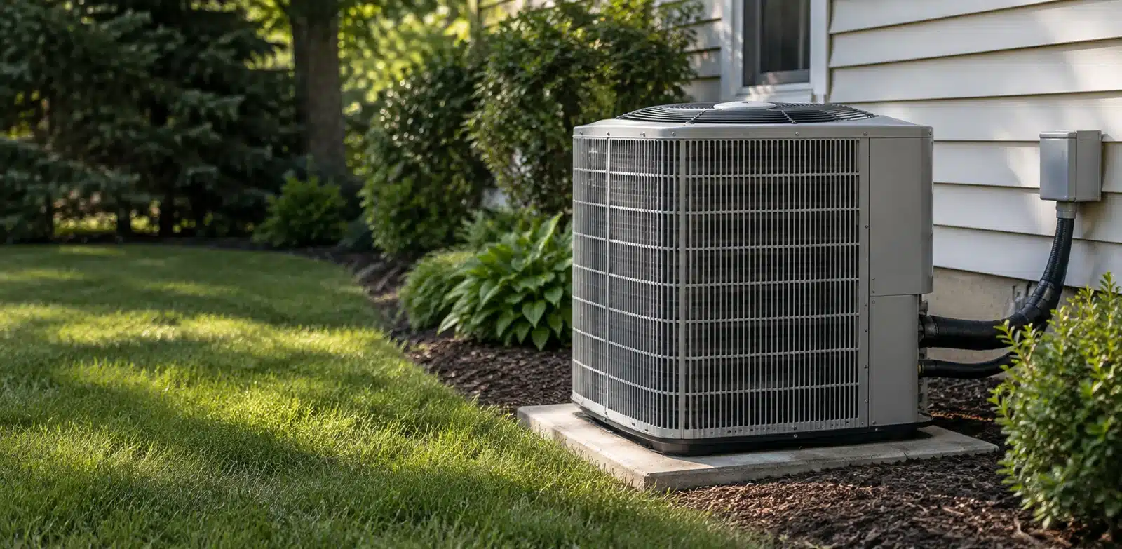Illustration of an outdoor central air conditioner beside a home